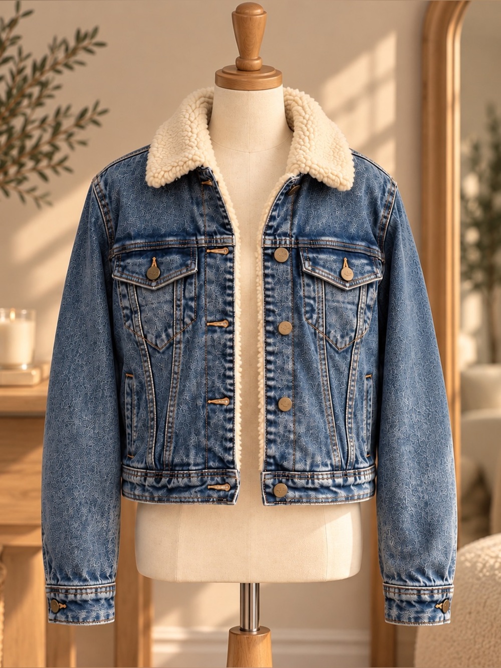 Hollister Denim Jacket with Cream Sherpa Collar